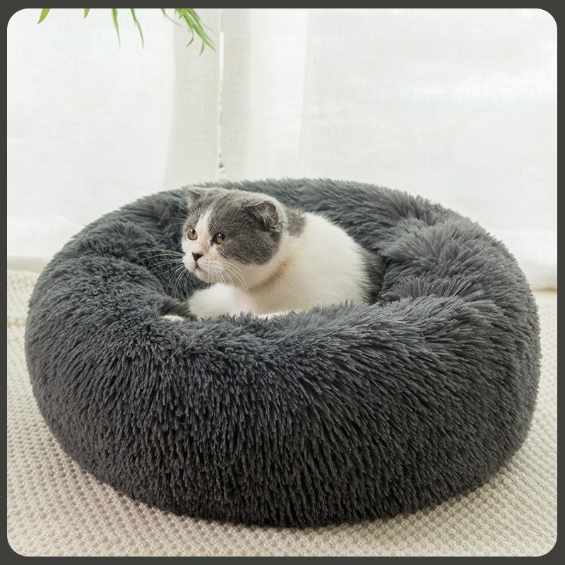 COJA Halo calming donut bed in Dark Grey, charcoal long-pile faux fur with a deep raised rim