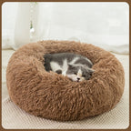 COJA Halo calming donut bed in Khaki, a warm tan long-pile faux fur bed with a raised bolster rim